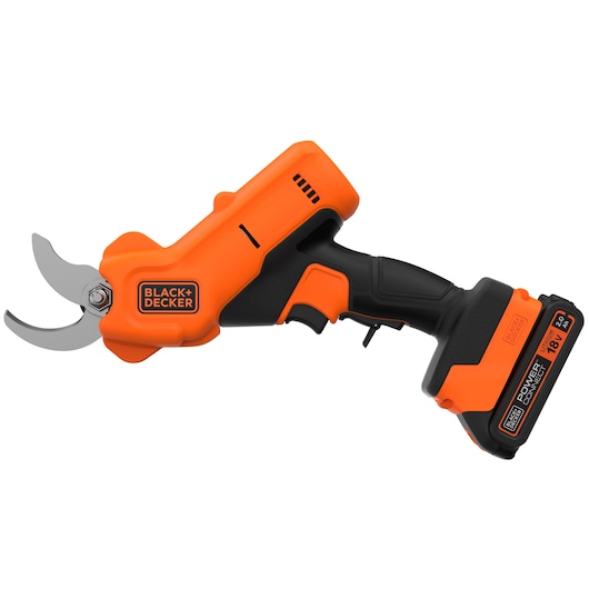 Photo of BLACK+DECKER BCPP18D1 cordless electric pruning shear, orange and black, right side view.