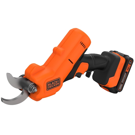 BLACKDECKER BCPP18D1 cordless electric pruner, orange and black, side angle photography.