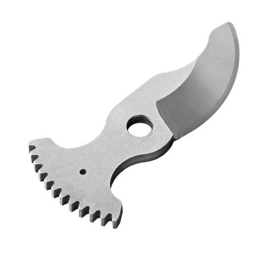 Close-up image of a metallic replacement blade part with a curved cutting edge and serrated section, designed for BLACK+DECKER photography equipment, against a white background.