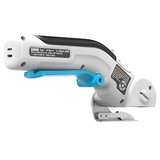 BLACKDECKER BCRC115 cordless electric scissor, white and blue, side angle, product photography.