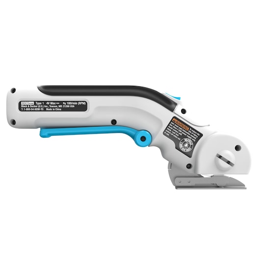 BLACKDECKER BCRC115 cordless electric cutting tool, side view showing white body with blue accents.