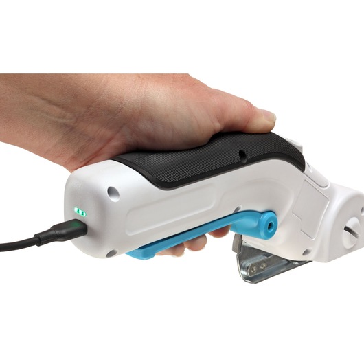 BLACKDECKER BCRC115 photography of a handheld power tool with black grip, blue trigger, and charging cable connected, side view.