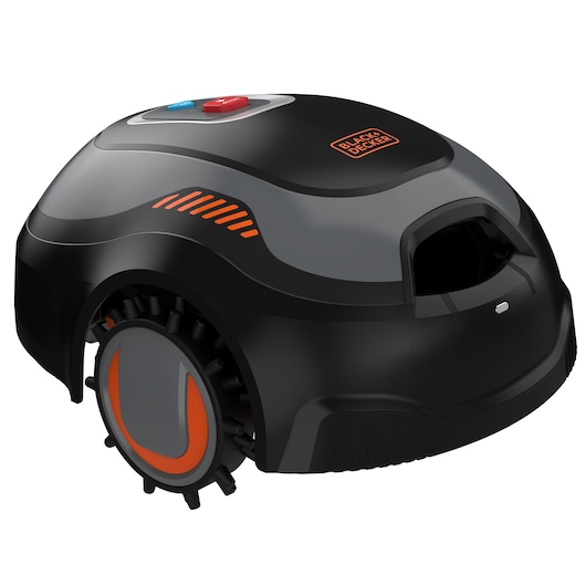 BLACK+DECKER robotic lawn mower with a sleek black and gray design, orange accents, and two buttons on top. The mower features rugged wheels and a logo on the top surface.
