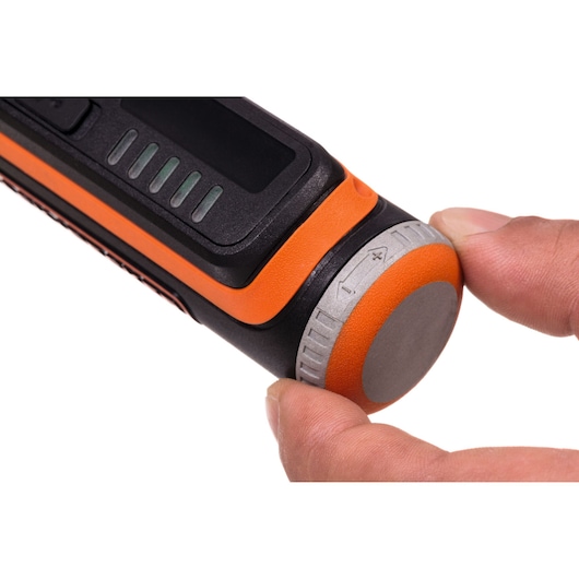 BLACK+DECKER BCRT8I multi-bit screwdriver close-up of orange and black handle and adjustment knob.