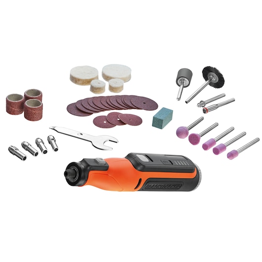 BLACK+DECKER BCRT8I rotary tool kit with orange and black handle, sanding bands, polishing pads, grinding stones, collets, wrench, assorted accessories, front view on white background.