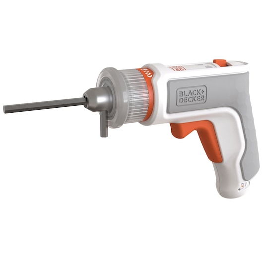 Photo of BLACK+DECKER BCRTA01 white and orange cordless screwdriver with hex bit, right side view on white background.