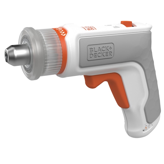A close-up image of a BLACK+DECKER cordless electric screwdriver with a compact design, gray and orange accents, and a textured grip. The tool features a USB charging port and a visible trigger.