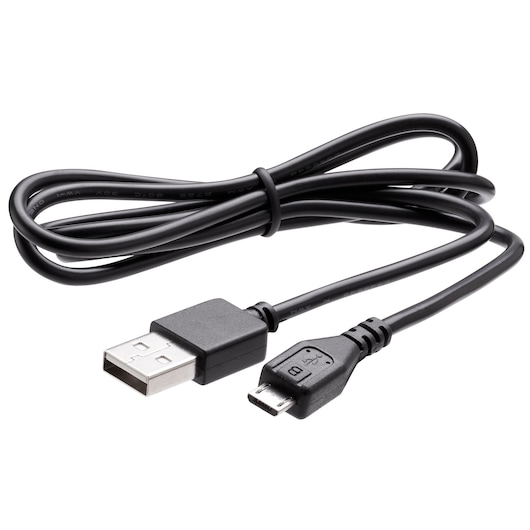A black USB to micro USB cable designed for connecting or charging electronic devices.