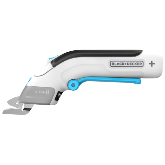 BLACK+DECKER BCSC115 cordless electric scissor, white and blue, left side view on white background.