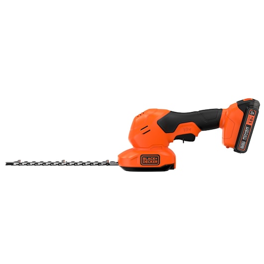 BLACKDECKER BCSS18D1 orange cordless shrub shear side view on white background.