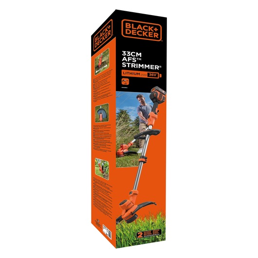 BLACK+DECKER BCSTA536L1 grass trimmer box, orange packaging, product and usage photos, front angle.