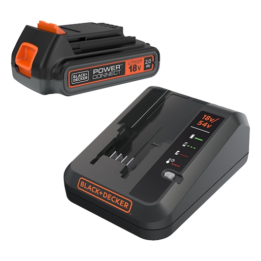 BLACK+DECKER lithium battery pack and charger. The battery is labeled 18V 2.0Ah and the charger is compatible with 18V and 54V batteries, both in black with orange details.