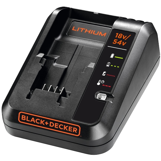 BLACK+DECKER BDC2A lithium battery charger for 18V/54V, black, front angle, LED indicators visible