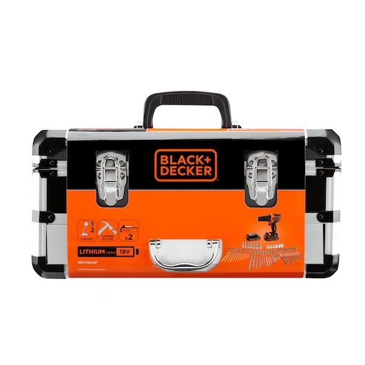BLACK+DECKER BDC718AS2F tool kit with orange and black hard case, metal latches, and drill set, front angle.