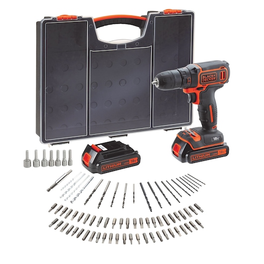BLACK+DECKER cordless drill kit including a black and orange 18V lithium-ion drill, two battery packs, assorted drill bits and screwdriver bits, nut drivers, and a sturdy carrying case.