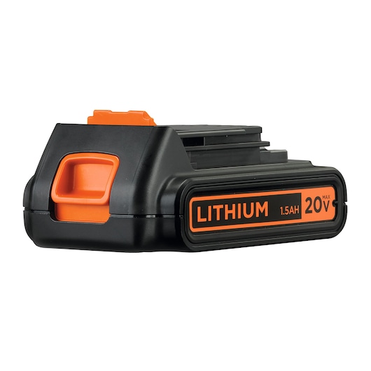 A BLACK+DECKER 20V lithium 1.5Ah rechargeable battery designed for power tools. The battery is black with orange accents and labeled with 'LITHIUM 1.5AH 20V MAX' on the side.