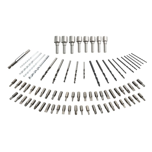 A photography product image showing a BLACK+DECKER drill accessory set, with multiple drill bits, screwdriver bits, nut drivers, and extension adaptors arranged in a semi-circle pattern on a white background.