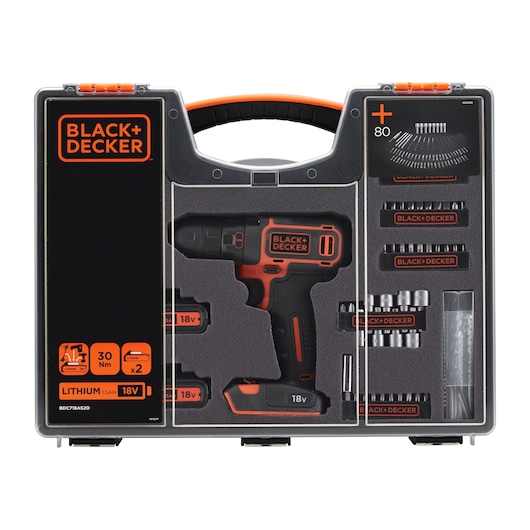 BLACK+DECKER BDC718AS2O cordless drill set with 18V drill, batteries, and 80 accessories, front angle photo.