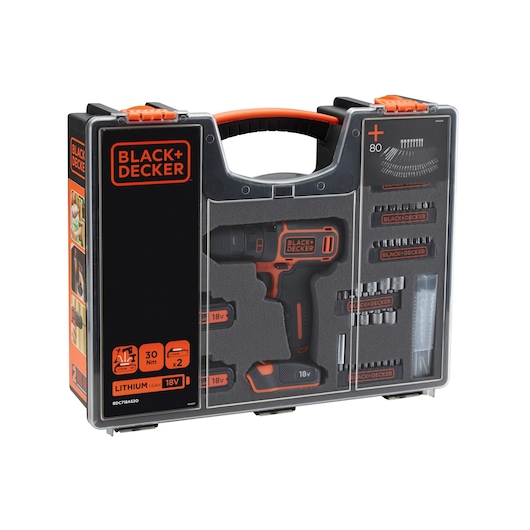 BLACK+DECKER BDC718AS2O cordless drill kit with 18V lithium battery, drill, and multiple accessories in hard case, angled view.