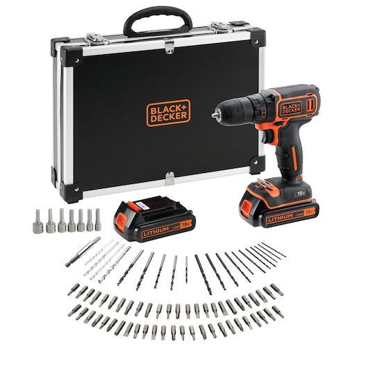 A BLACK+DECKER cordless drill kit, including a black carrying case, an 18V lithium battery, a cordless drill, drill bits, screwdriver bits, and various attachments arranged in front of the case.
