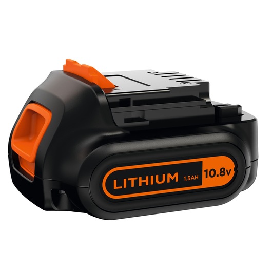 A BLACK+DECKER 10.8 volt 1.5Ah lithium-ion battery pack, mainly black with orange accents and label, designed for use with compatible cordless power tools.