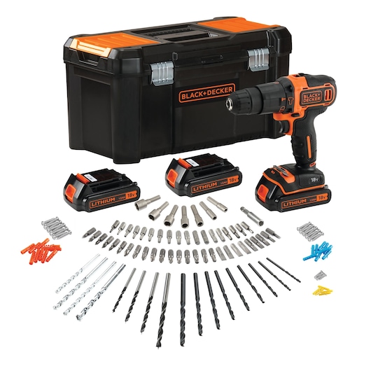 KIT: 18V 1.5Ah Schroefklopboormachine met 3 accu's en 120 accessoires in kluskoffer
