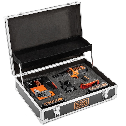 BLACKDECKER BDCHD18B2FC cordless drill set with two batteries, charger, and accessories in black carrying case, angled view.