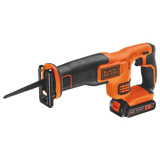A BLACK+DECKER branded cordless reciprocating saw with an orange and black design, featuring a lithium battery and ergonomic grip.