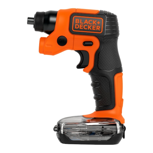 A BLACK+DECKER cordless electric screwdriver with an ergonomic black and orange handle and a transparent storage compartment at the base.