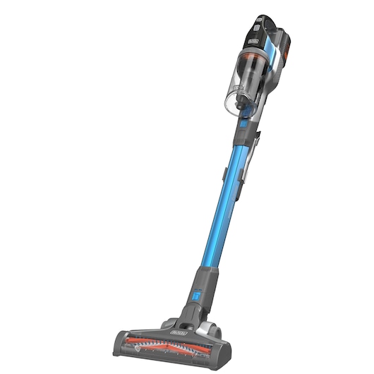 Cordless stick vacuum cleaner with a clear dust container and blue accents, branded BLACK+DECKER.