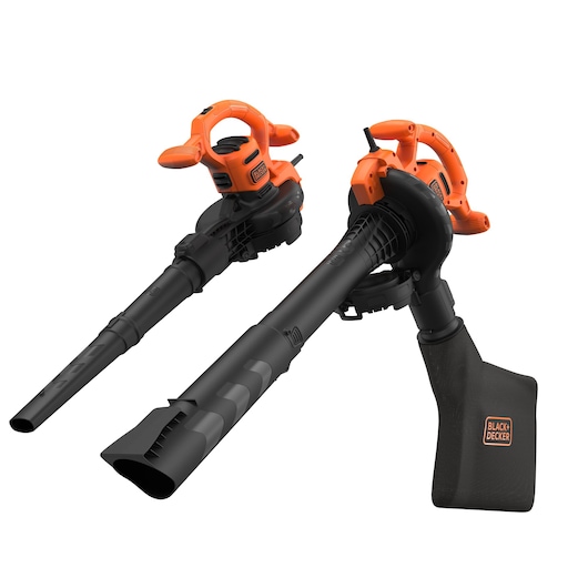 Two BLACK+DECKER electric leaf blowers and vacuums, featuring orange and black bodies with ergonomic handles, one with a collection bag attached, displayed on a white background.