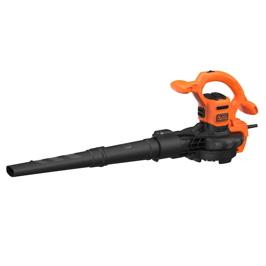 A BLACK+DECKER electric leaf blower and vacuum with an orange handle and body, and a long black nozzle, displayed against a white background.