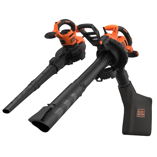 Two BLACK+DECKER electric leaf blowers and vacuums in black and orange, with one equipped with a collection bag for vacuuming.