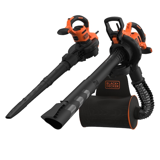 BLACK+DECKER BEBLV300 leaf blower and vacuum with two orange and black handheld units, a large blower tube, and a collection bag attached via a flexible hose.