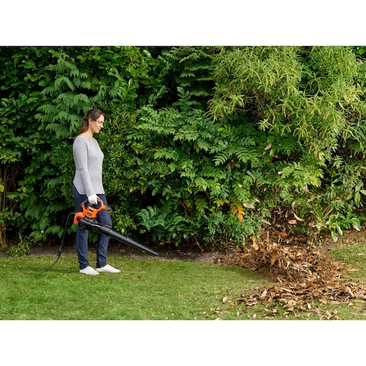 BLACKDECKER BEBLV301 leaf blower in use clearing leaves from lawn in garden setting.