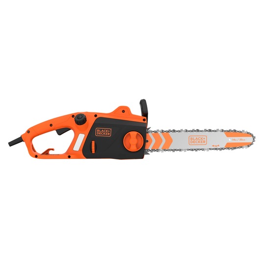 BLACK+DECKER electric chainsaw with orange and black design, featuring a 14 inch (35 cm) blade and ergonomic handle.
