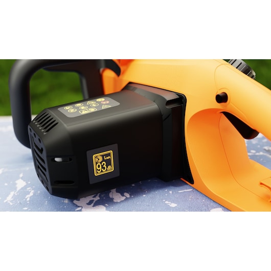 BLACKDECKER BECS1835 chainsaw close-up, showing black motor housing, control panel, and 93 dB label, side angle.