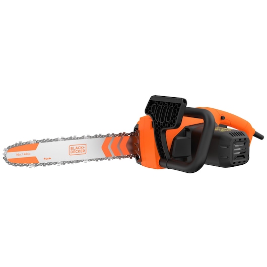 Photo of BLACK+DECKER BECS2040 electric chainsaw, orange and black, side angle, 16-inch bar.