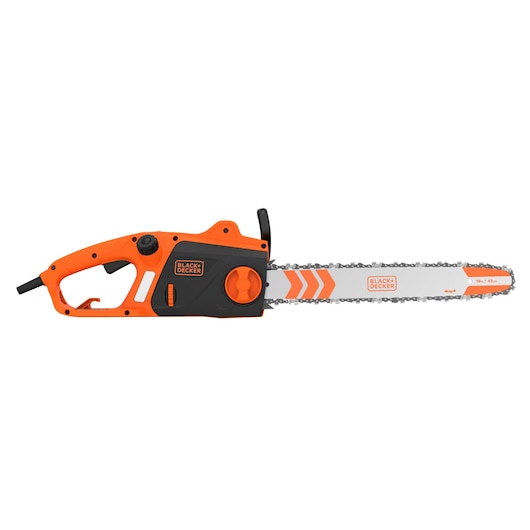 BLACKDECKER BECS2245 electric chainsaw, orange and black, side view on white background.
