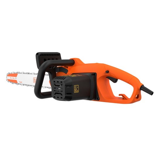 Photo of BLACKDECKER BECS2245 electric chainsaw, orange and black, side angle, visible bar and chain.