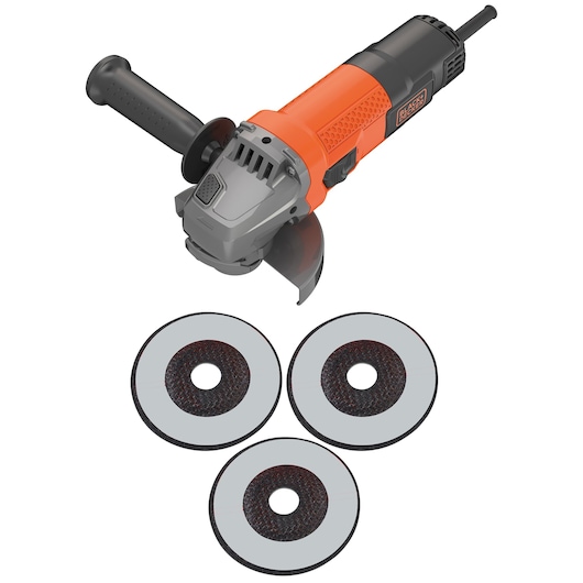 A BLACK+DECKER branded orange and black angle grinder with a side handle, shown above three grinding discs.