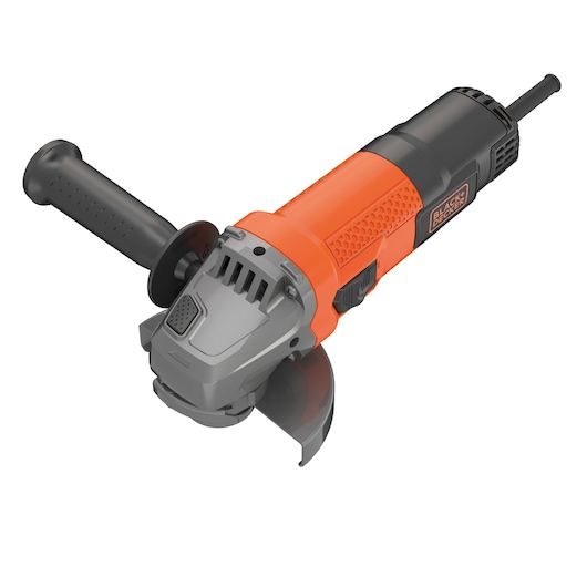 A BLACK+DECKER electric angle grinder with an orange and black body, side handle, and safety guard.