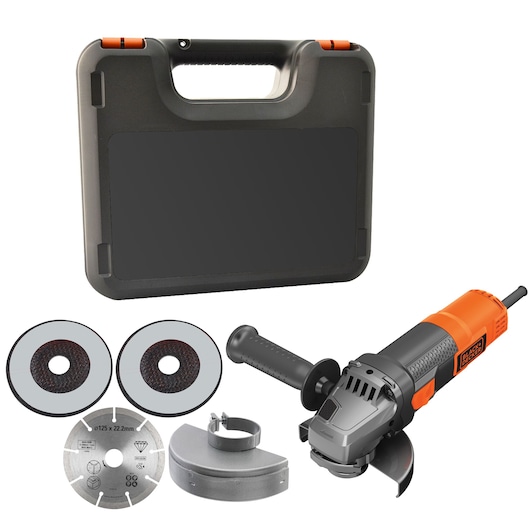 A BLACK+DECKER angle grinder kit including an orange and black angle grinder, a black carrying case, two grinding discs, one cutting disc, a protective guard, and a side handle.