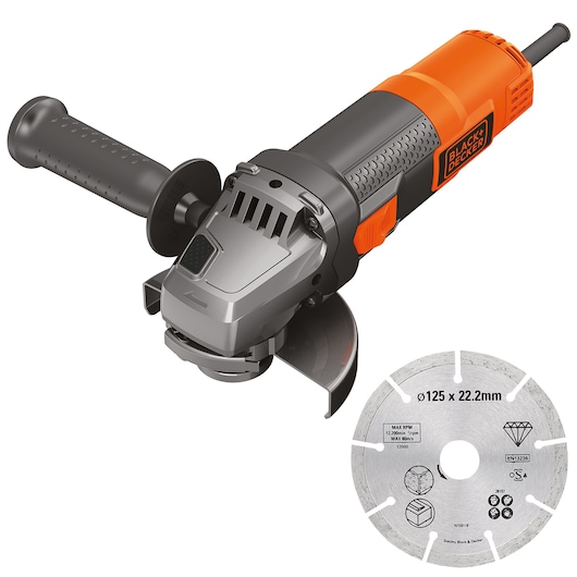 A BLACK+DECKER electric angle grinder with an ergonomic handle is shown next to a 125mm cutting disc. The grinder features black and orange colors, and the disc is labeled with specifications.