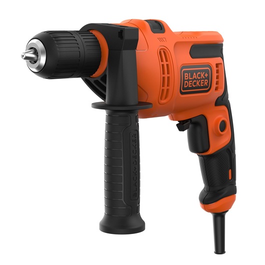 Black+Decker orange corded drill with side handle, shown in close-up on white background.