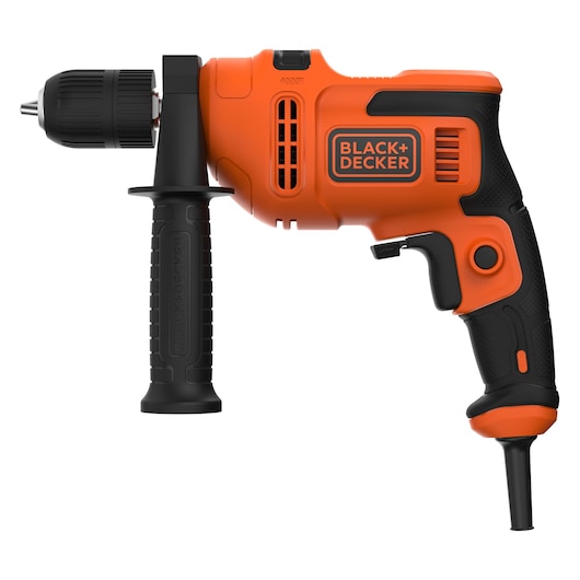 Orange BLACK+DECKER corded electric drill with side handle, shown on white background.