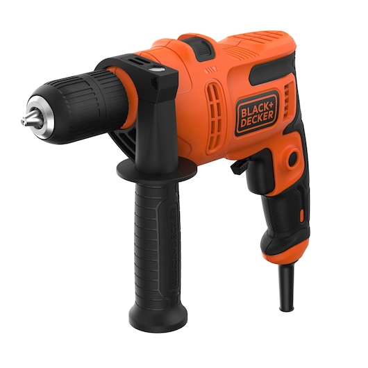 An orange and black electric drill with a side handle, branded with BLACK+DECKER, designed for home improvement and construction tasks.