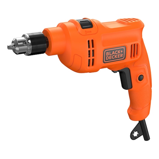 An orange BLACK+DECKER electric drill with a pistol grip and a corded power supply. The drill has a keyed chuck and ventilation slots on the body.