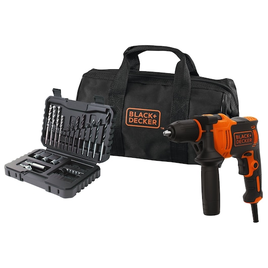 BLACK+DECKER set including a black and orange electric drill, a black tool bag with the BLACK+DECKER logo, and an open case containing various drill bits and accessories.