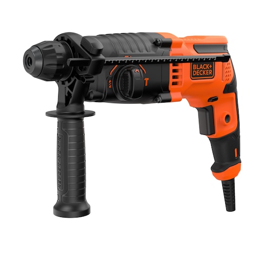 A BLACK+DECKER corded hammer drill with a black and orange body, a side handle for stability, and an adjustable depth gauge, designed for heavy-duty drilling tasks.